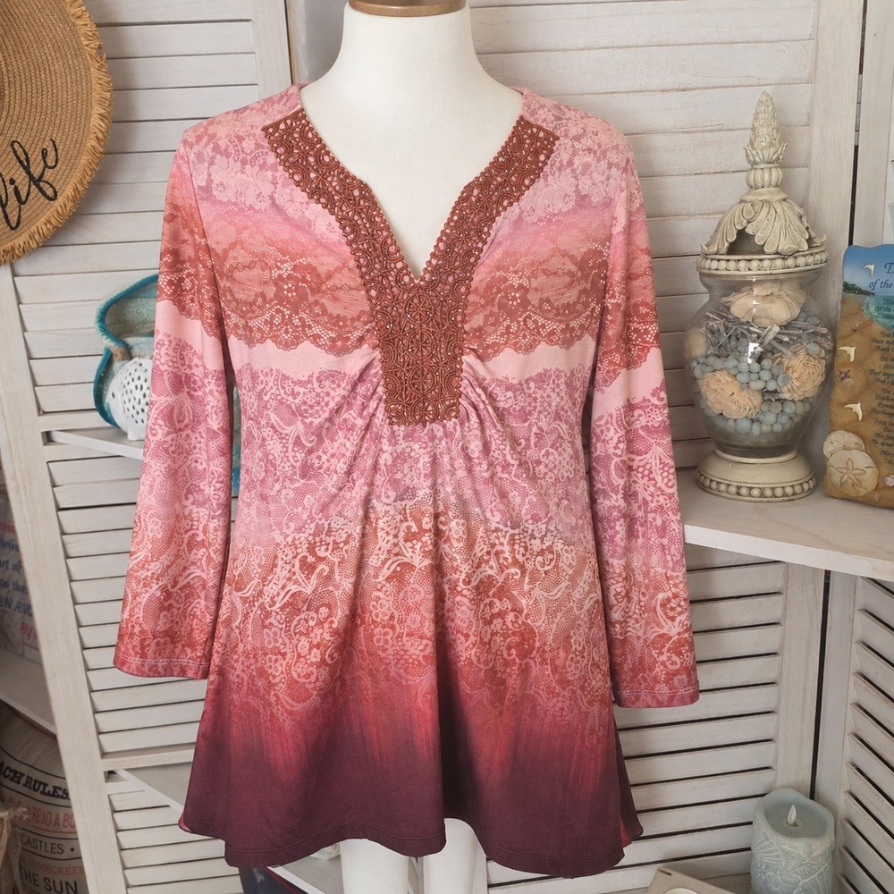 Live and Let Live Pink Ombre Lace Print Tunic Top 1X Crochet Trim 3/4 Sleeve